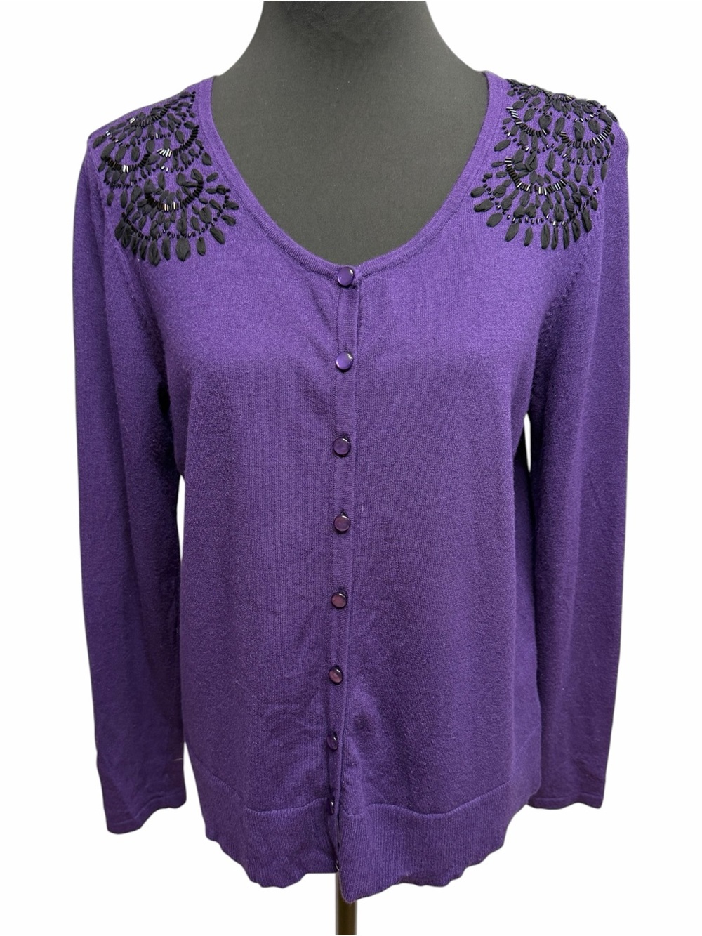Jaclyn Smith XL Purple Embellished Button Front Cardigan Sweater Rayon Nylon